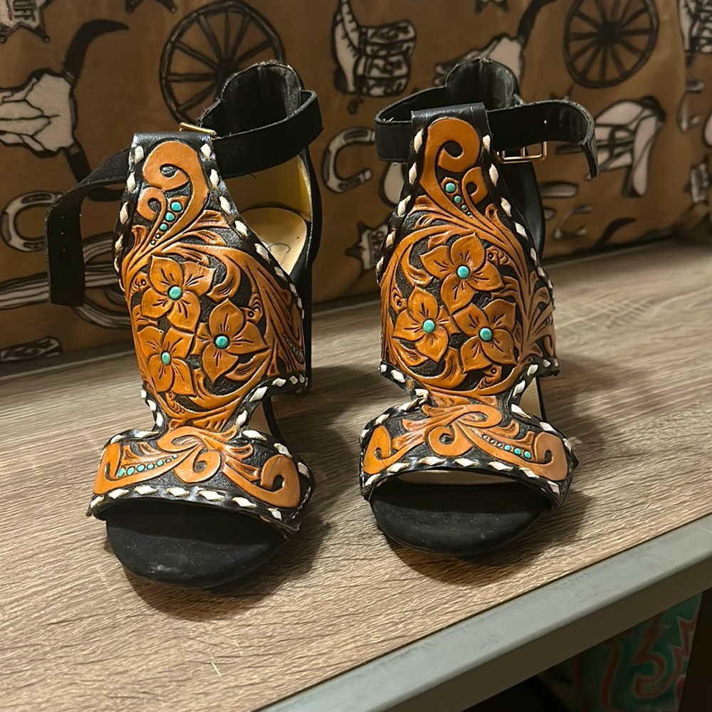 Black leather tooled heels